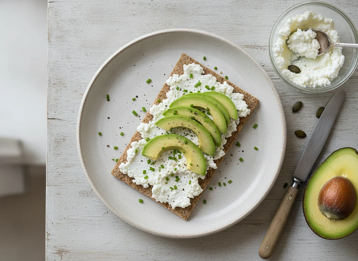 Knäckebrot mit Hüttenkäse und Avocado photo