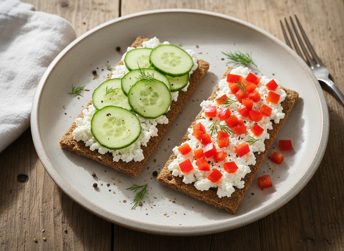 Knäckebrot mit Hüttenkäse und Gemüse photo