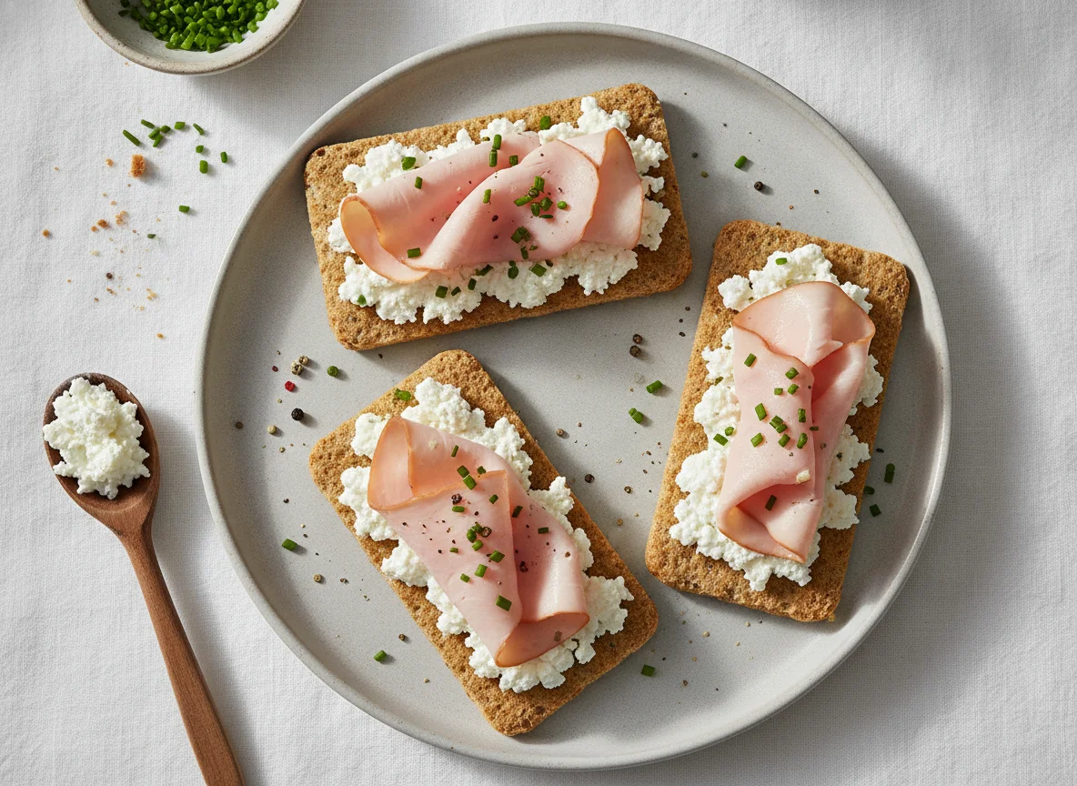 Knäckebrot mit Hüttenkäse und Putenbrust photo