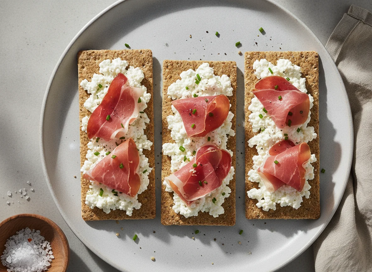 Knäckebrot mit Hüttenkäse und Schinken photo