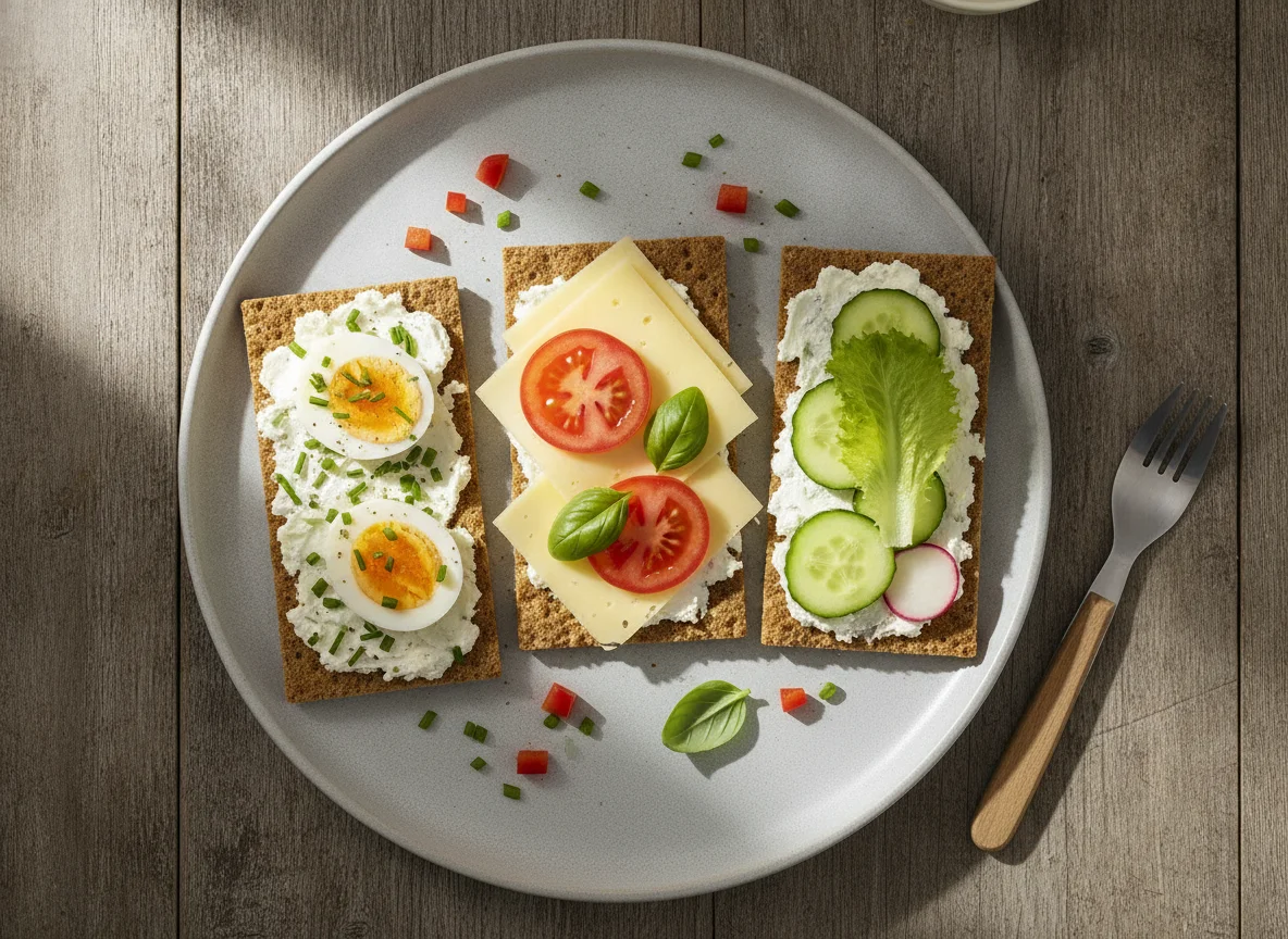 Knäckebrot mit Käse, Ei und Gemüse photo