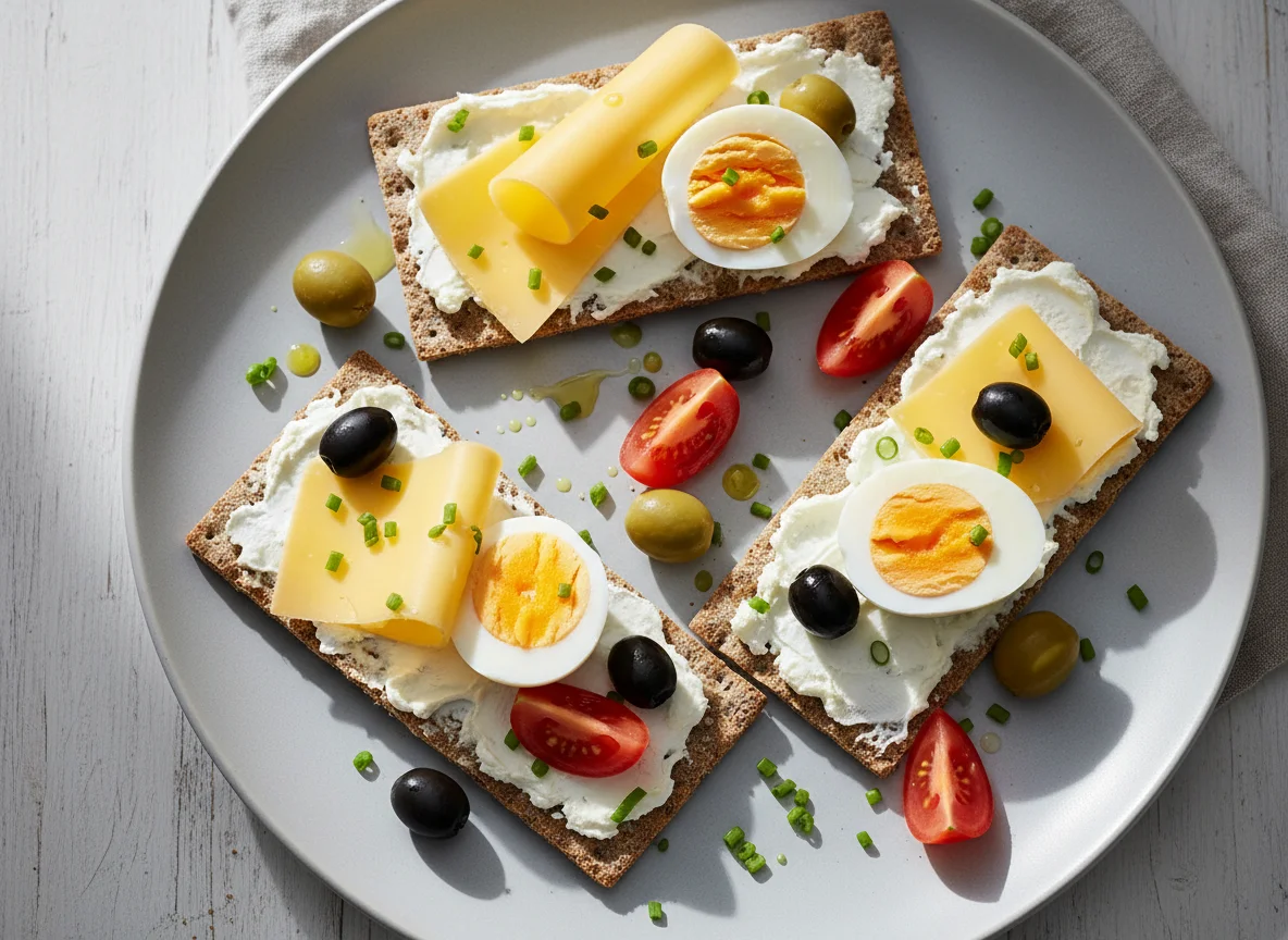 Knäckebrot mit Käse, Ei und Oliven photo