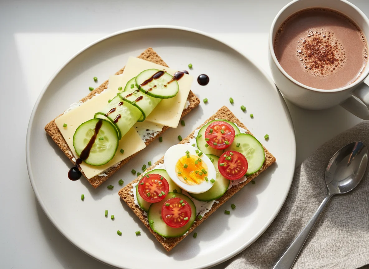 Knäckebrot mit Käse, Gurke und Ei mit Kakao photo