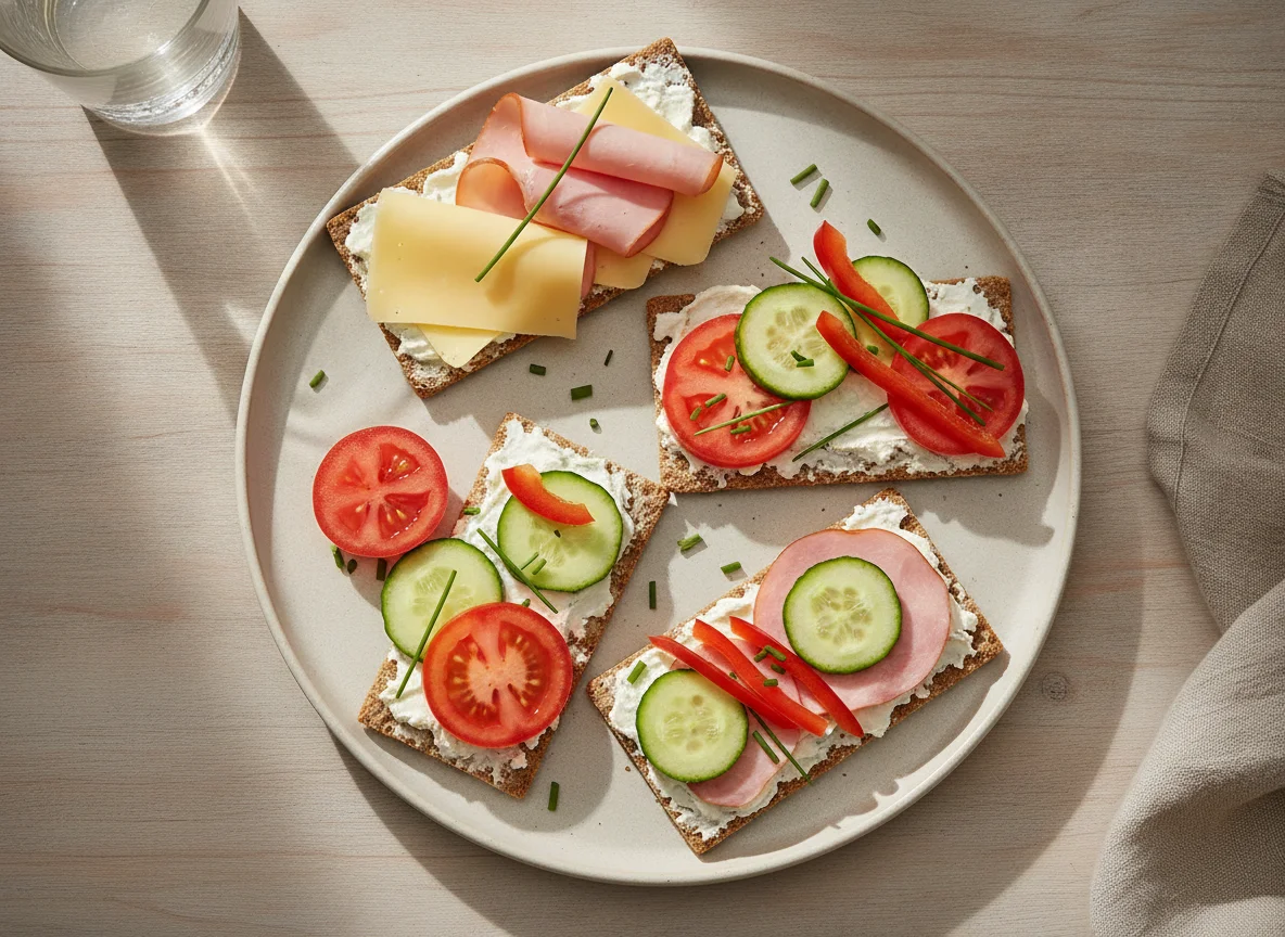 Knäckebrot mit Käse, Schinken und Gemüse photo
