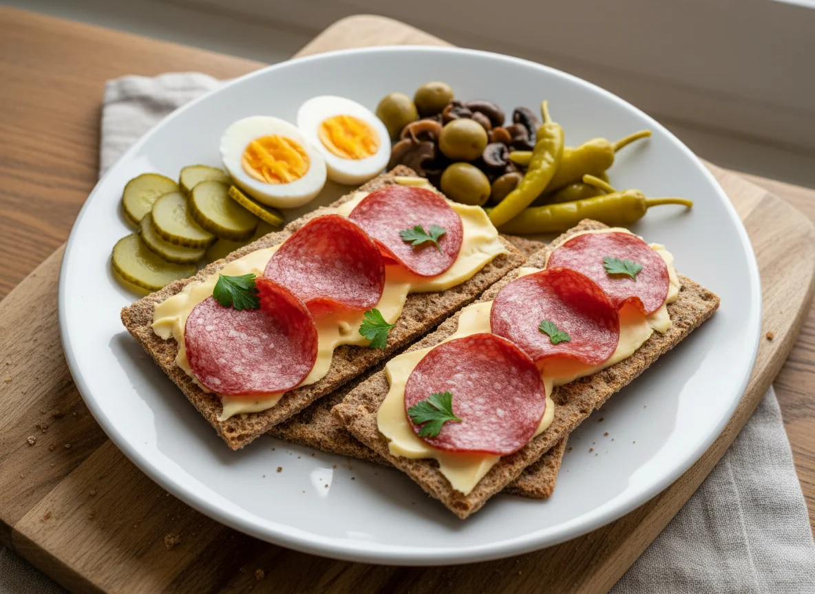 Knäckebrot mit Käse und Beilagen photo