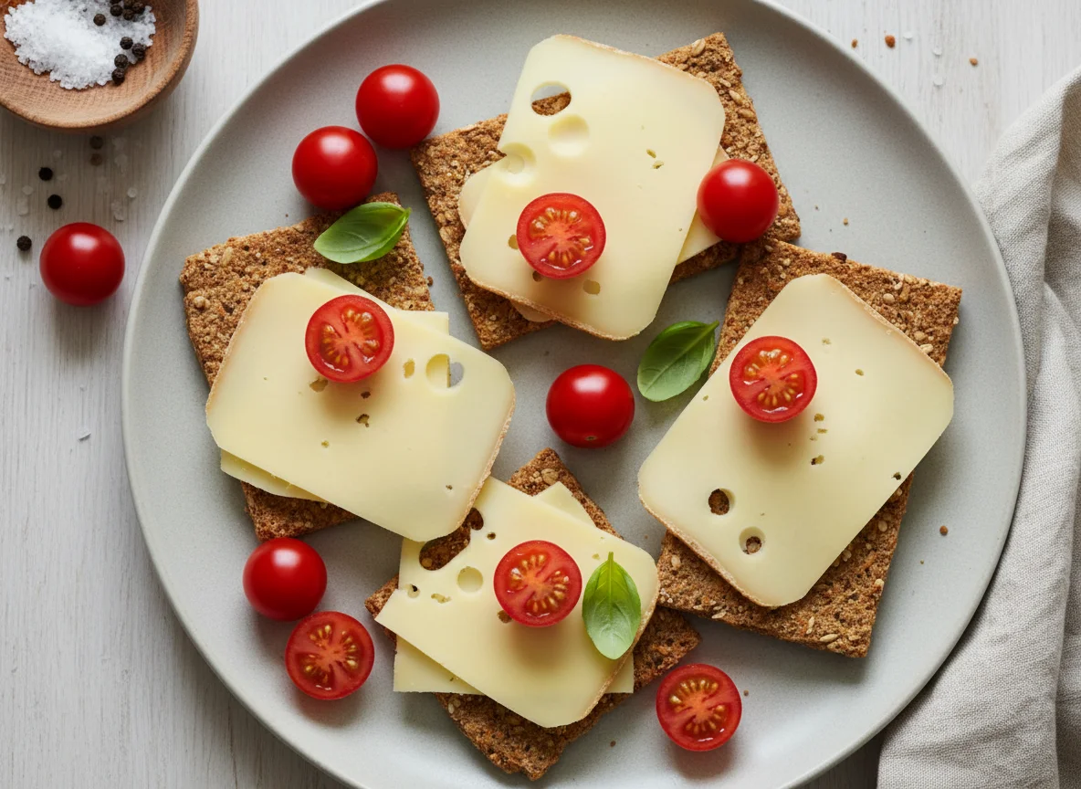 Knäckebrot mit Käse und Kirschtomaten photo