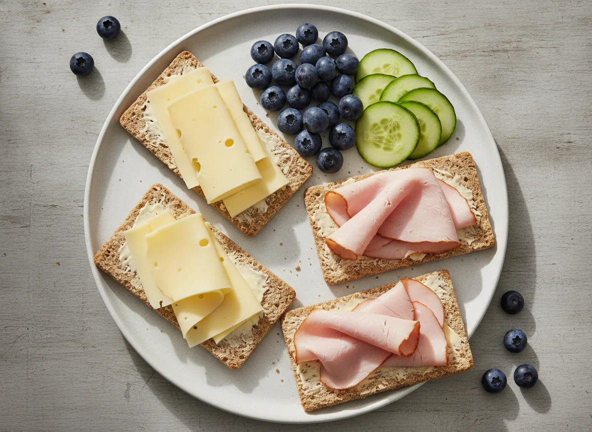 Knäckebrot mit Käse und Putenbrust, dazu Blaubeeren und Gurke photo