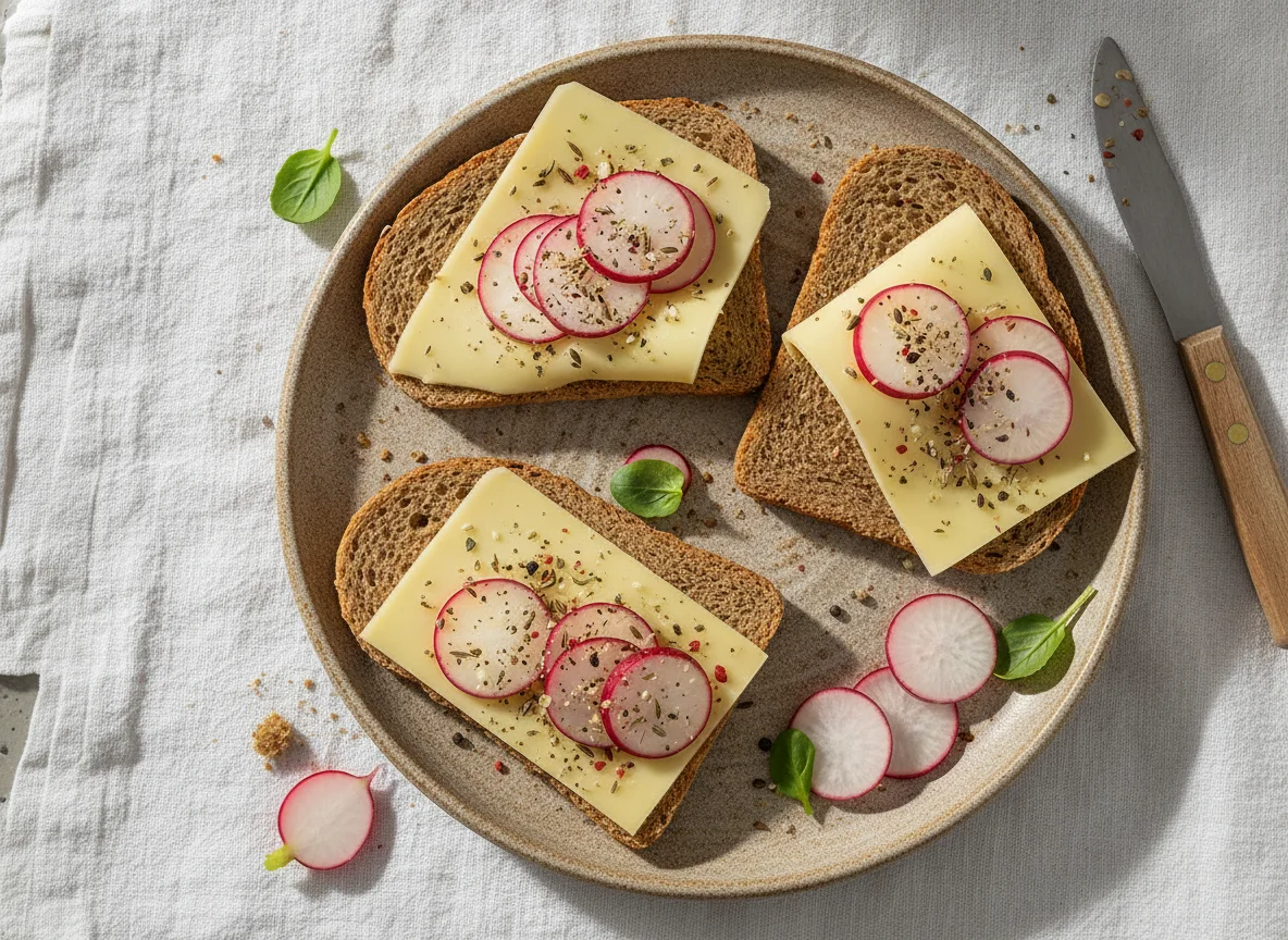 Knäckebrot mit Käse und Radieschen photo