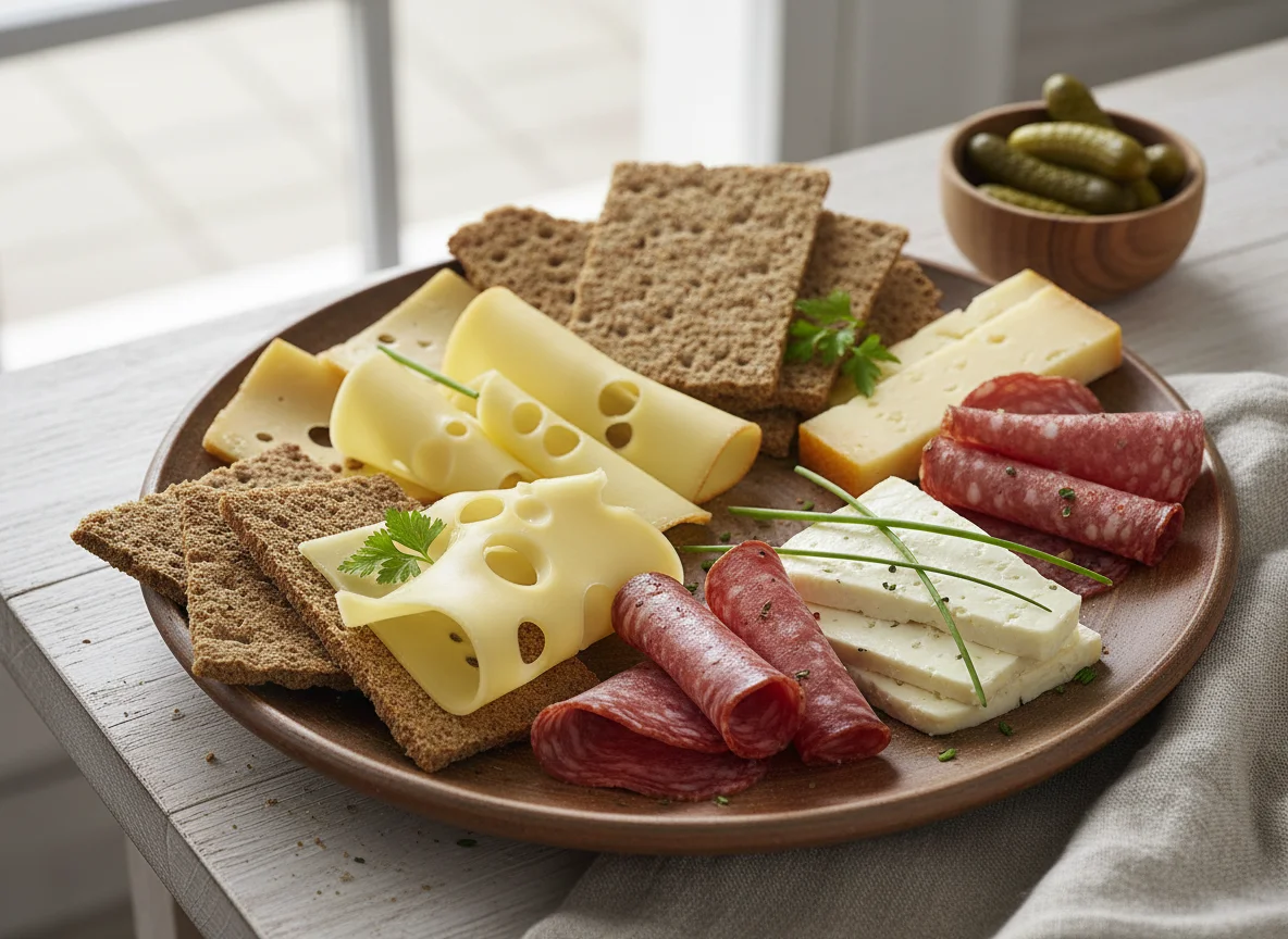 Knäckebrot mit Käse und Salami photo