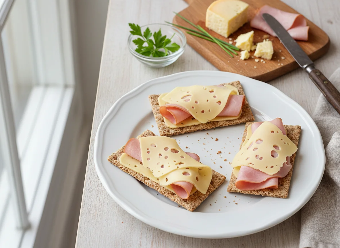 Knäckebrot mit Käse und Schinken photo
