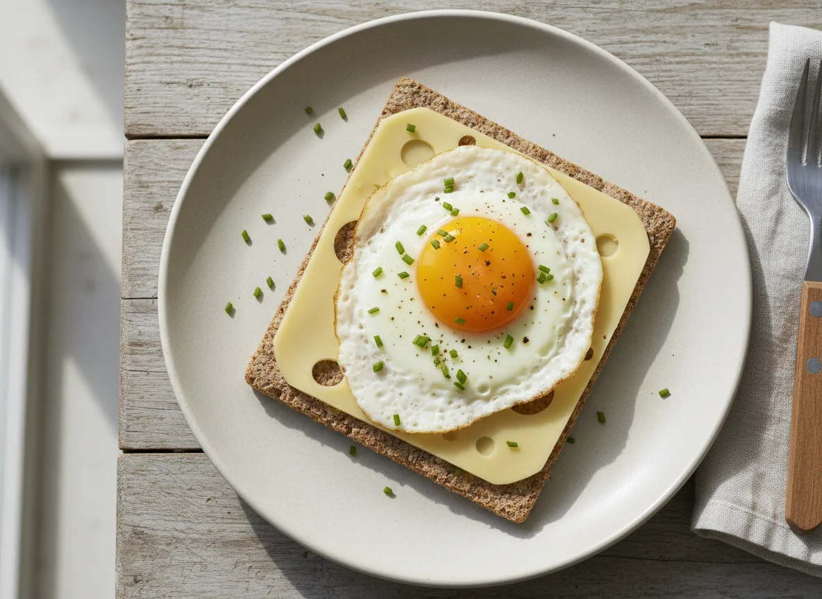 Knäckebrot mit Käse und Spiegelei photo