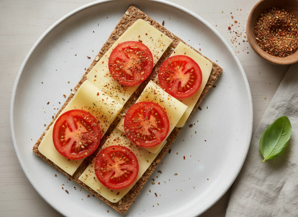Knäckebrot mit Käse und Tomaten photo