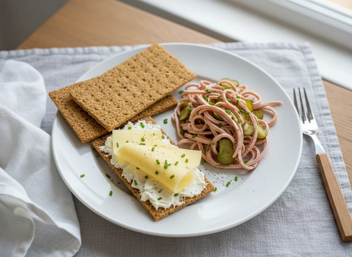 Knäckebrot mit Käse und Wurstsalat photo