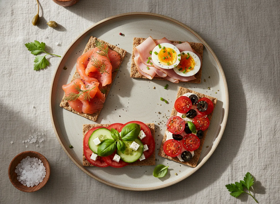 Knäckebrot mit Lachs, Schinken, Ei und Gemüse photo