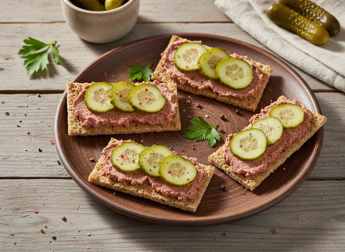 Knäckebrot mit Leberwurst und Gewürzgurke photo