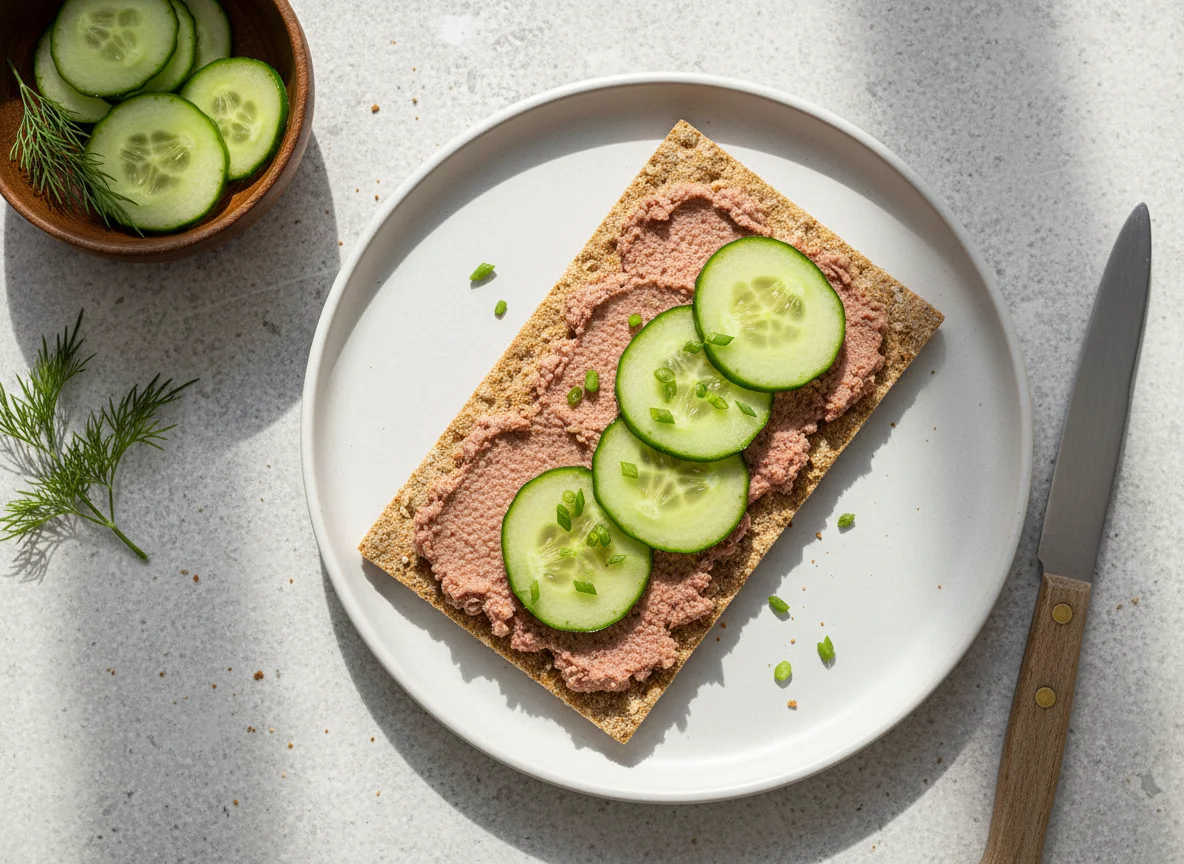 Knäckebrot mit Leberwurst und Gurke photo