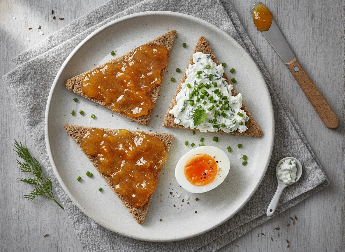 Knäckebrot mit Marmelade, Kräuterfrischkäse und Ei photo
