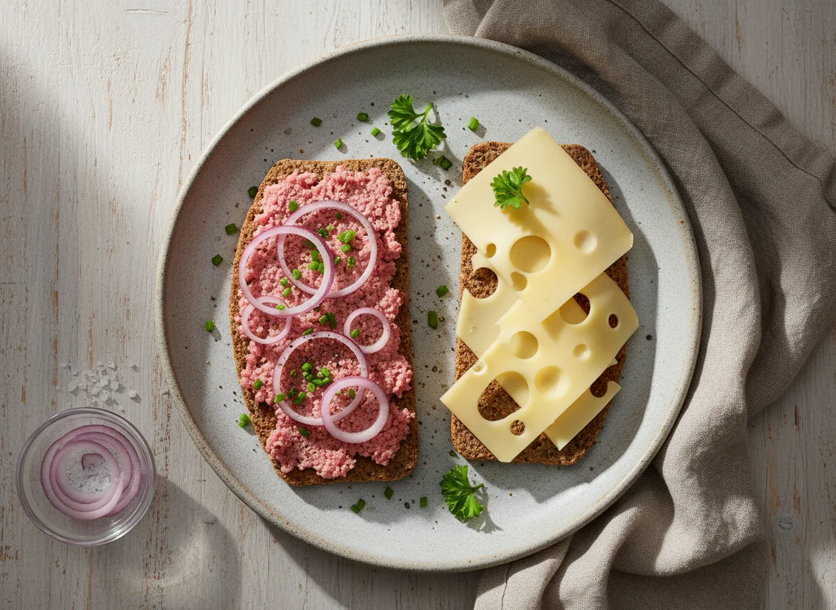Knäckebrot mit Mett und Käse photo