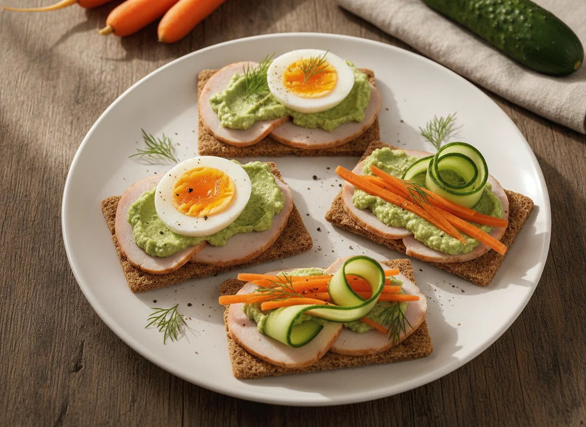 Knäckebrot mit Putenbrust, Ei und Gemüse photo
