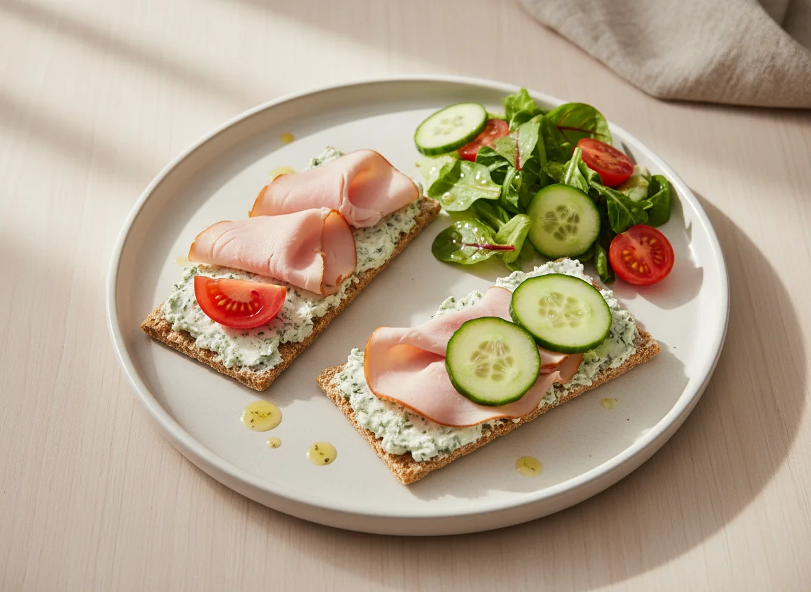 Knäckebrot mit Putenbrust, Frischkäse und Beilagensalat photo