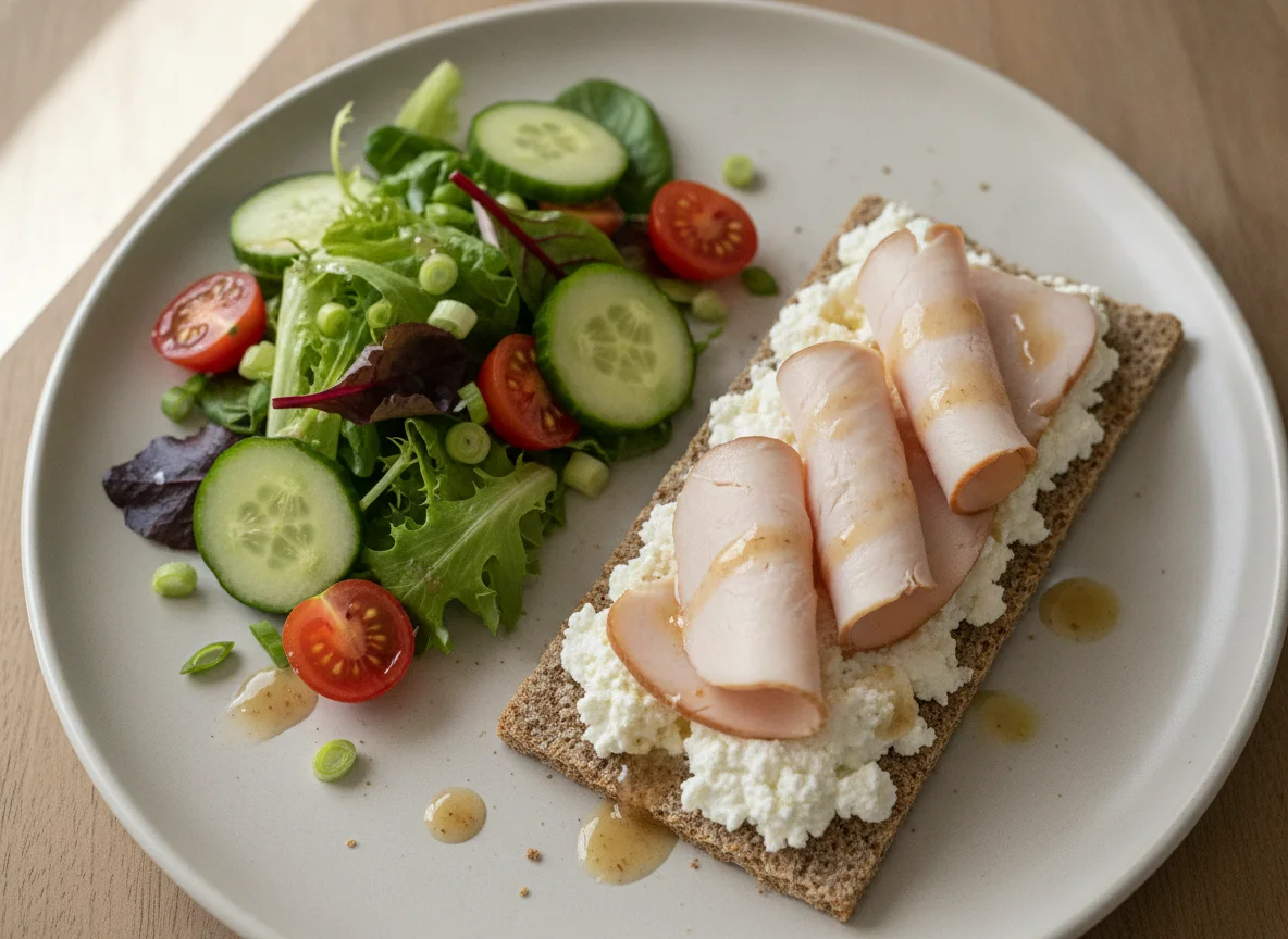 Knäckebrot mit Putenbrust, Hüttenkäse und gemischtem Salat photo