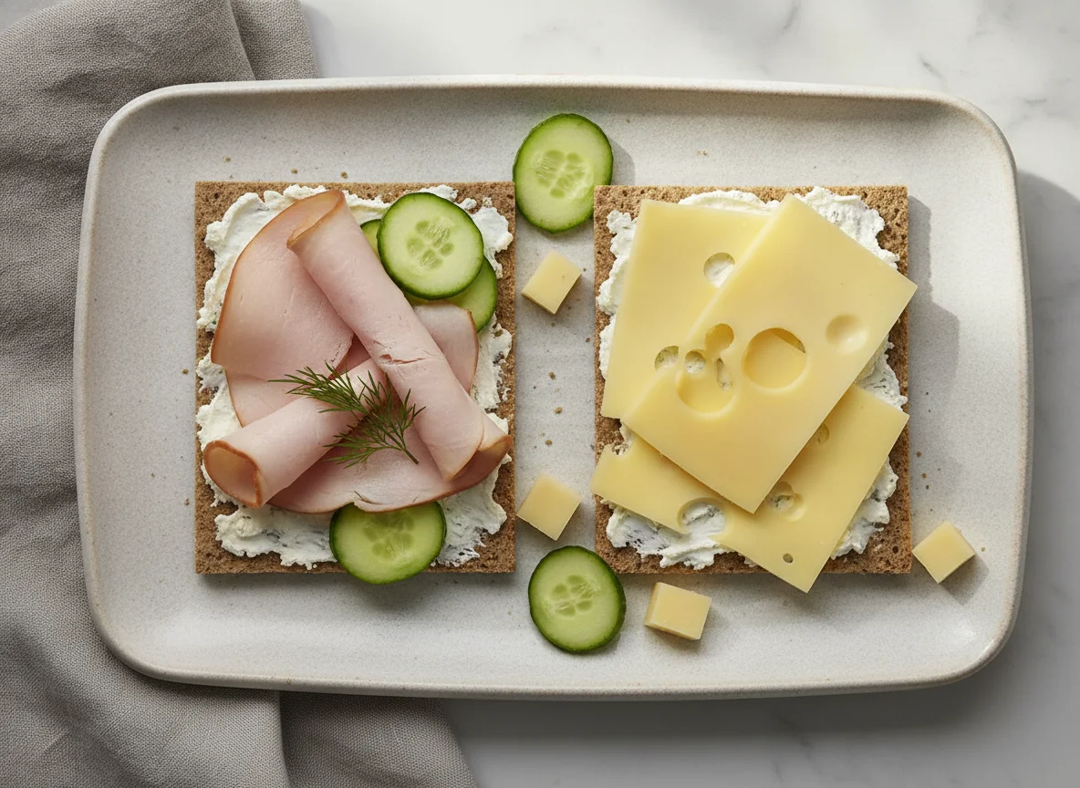 Knäckebrot mit Putenbrust, Käse und Gurke photo