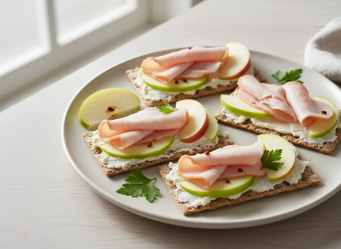 Knäckebrot mit Putenbrust und Apfelspalten photo