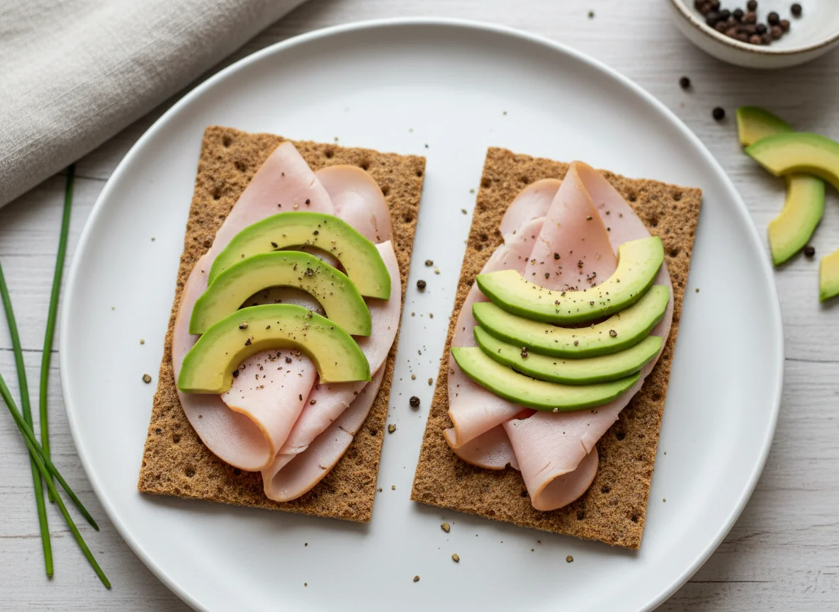 Knäckebrot mit Putenbrust und Avocado photo