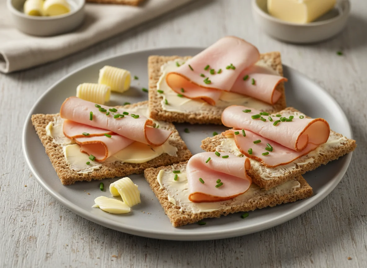 Knäckebrot mit Putenbrust und Butter photo