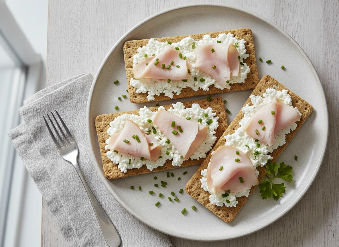 Knäckebrot mit Putenbrust und Hüttenkäse photo