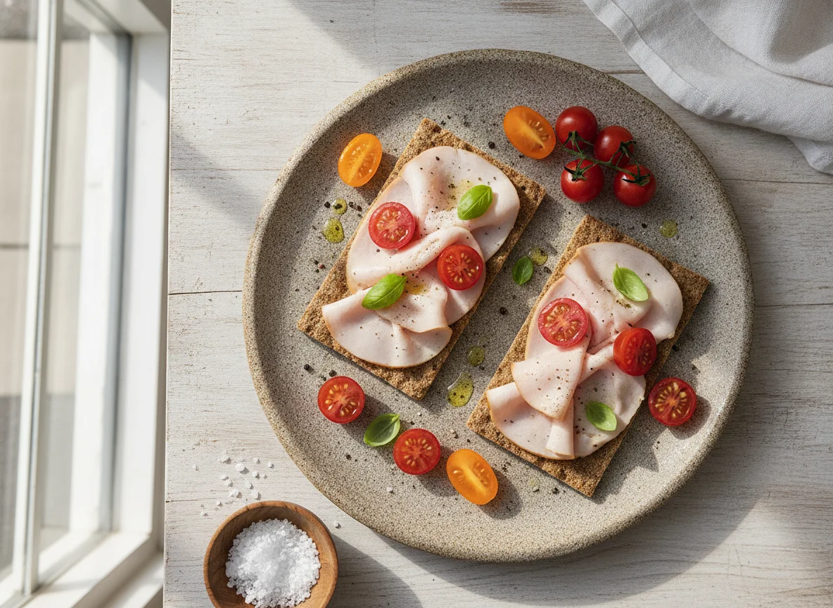 Knäckebrot mit Putenbrust und Kirschtomaten photo