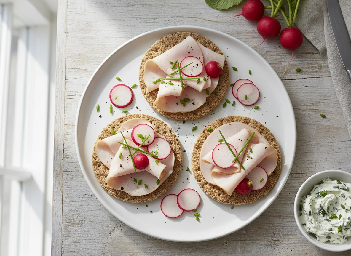 Knäckebrot mit Putenbrust und Radieschen photo