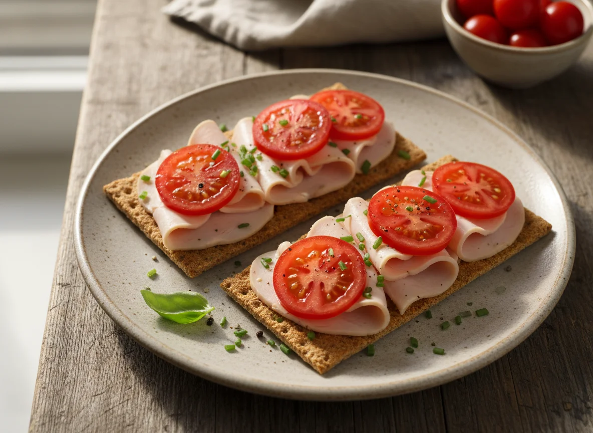 Knäckebrot mit Putenbrust und Tomate photo