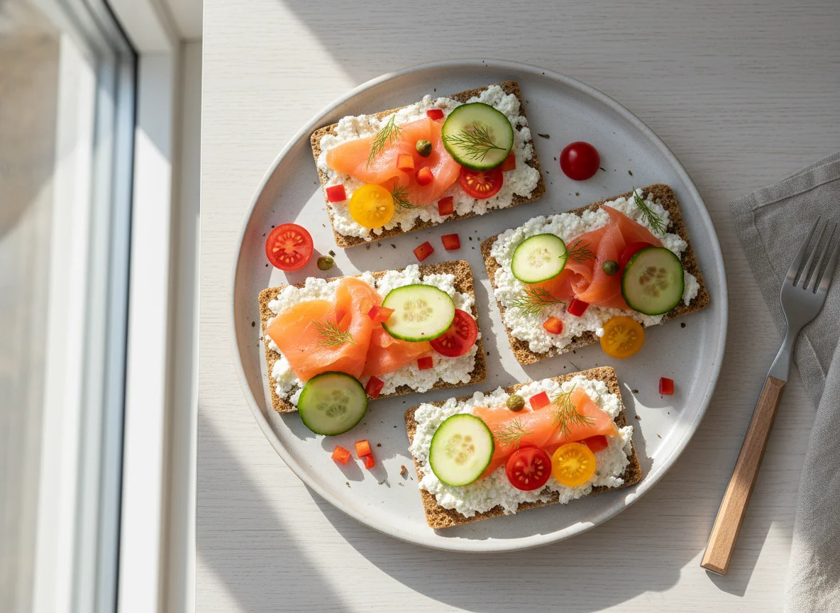 Knäckebrot mit Räucherlachs, Hüttenkäse und Gemüse photo