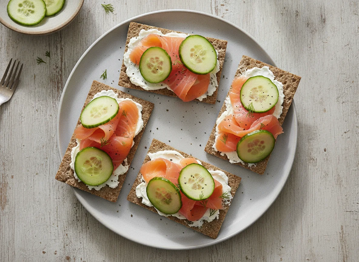 Knäckebrot mit Räucherlachs und Gurke photo