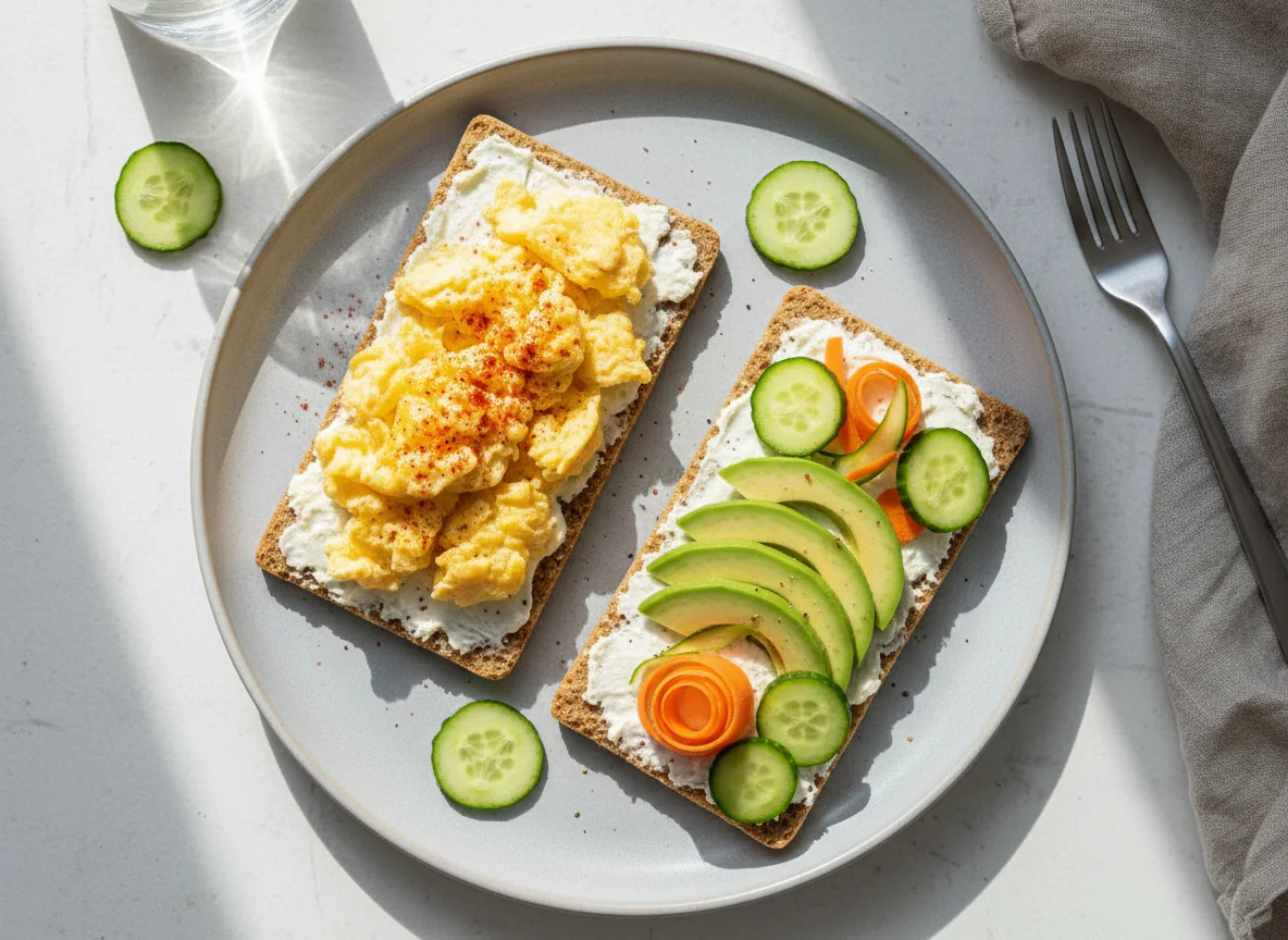 Knäckebrot mit Rührei und Avocado photo