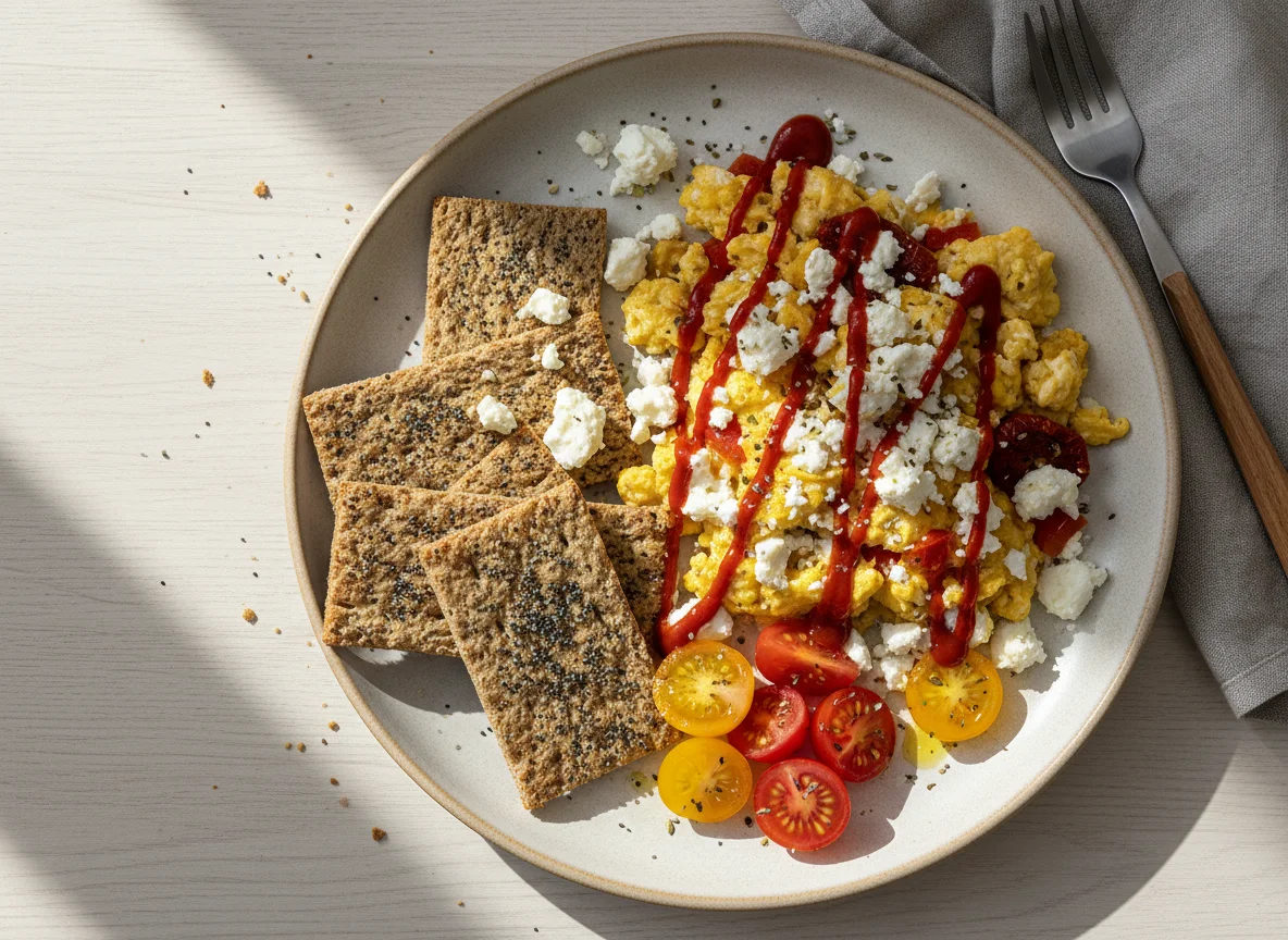 Knäckebrot mit Rührei und Feta-Tomaten photo