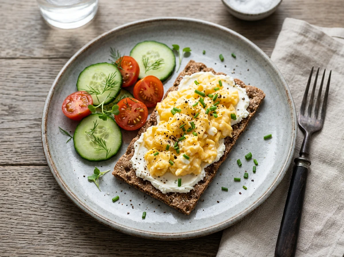 Knäckebrot mit Rührei und Gemüse photo