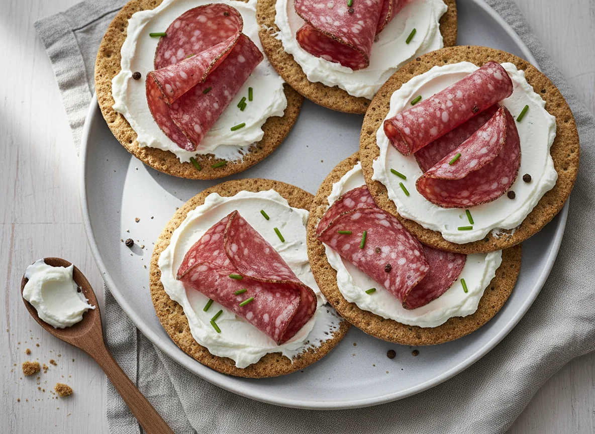 Knäckebrot mit Salami und Frischkäse photo