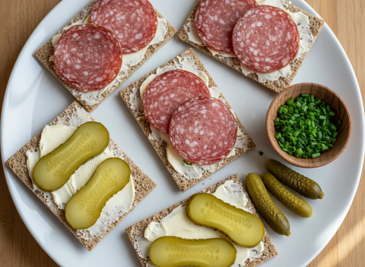 Knäckebrot mit Salami und Gewürzgurken photo