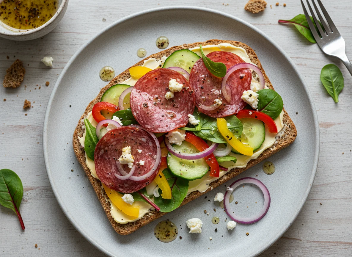 Knäckebrot mit Salami und Salat photo