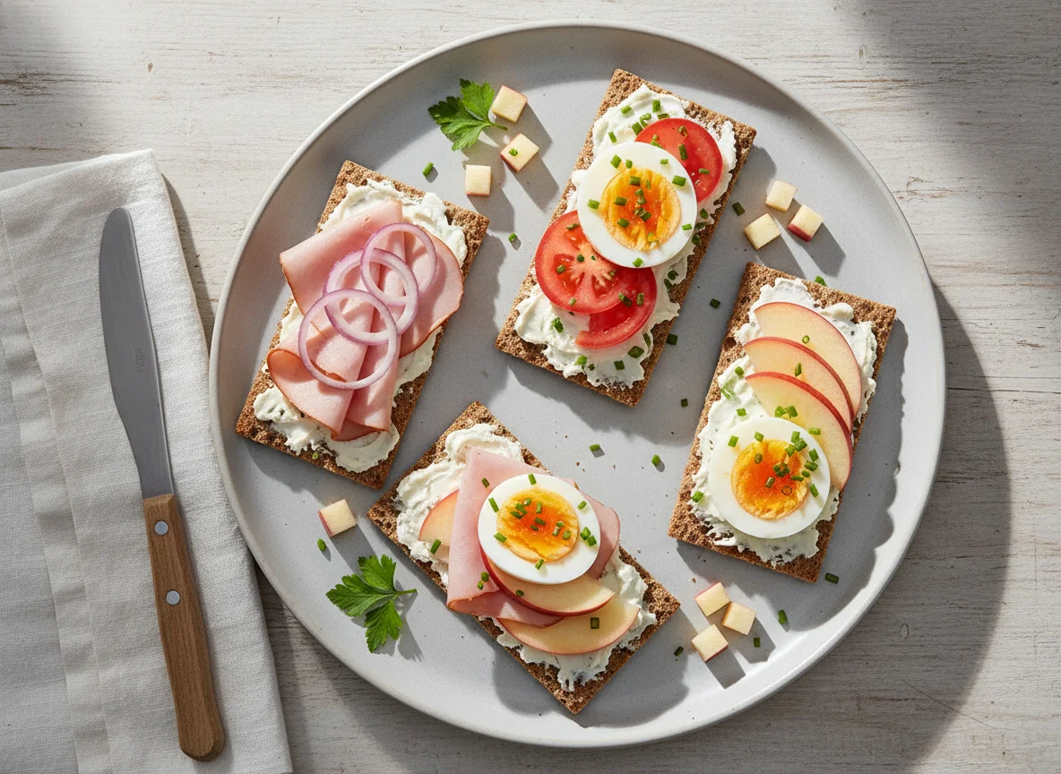 Knäckebrot mit Schinken, Ei und Apfel photo