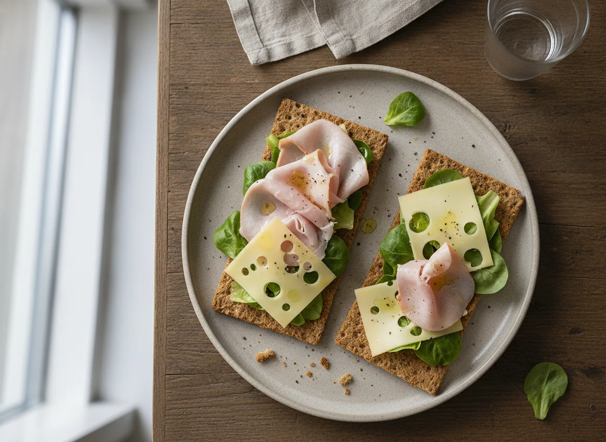 Knäckebrot mit Schinken, Käse und Salat photo