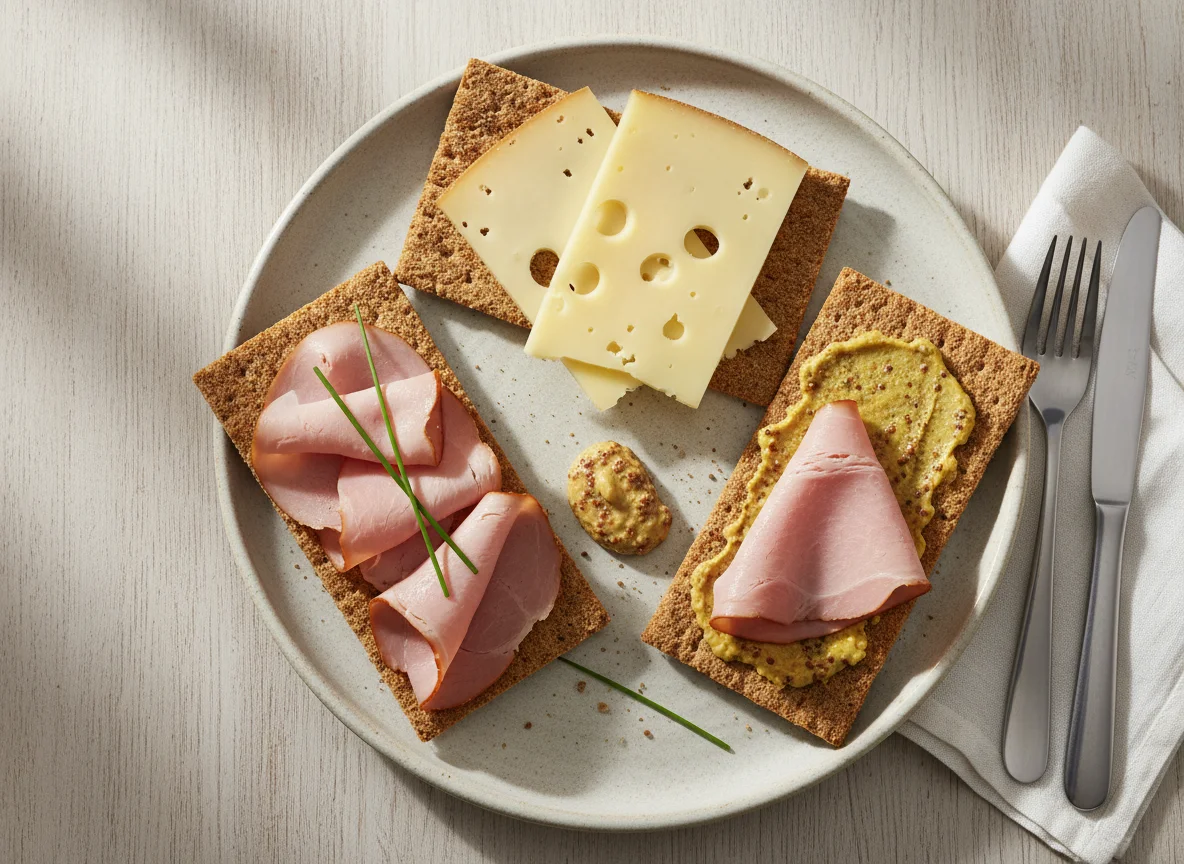 Knäckebrot mit Schinken, Käse und Senf photo