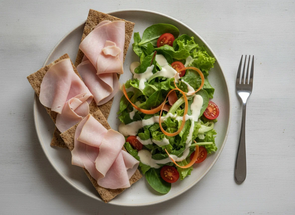 Knäckebrot mit Schinken und gemischtem Salat photo