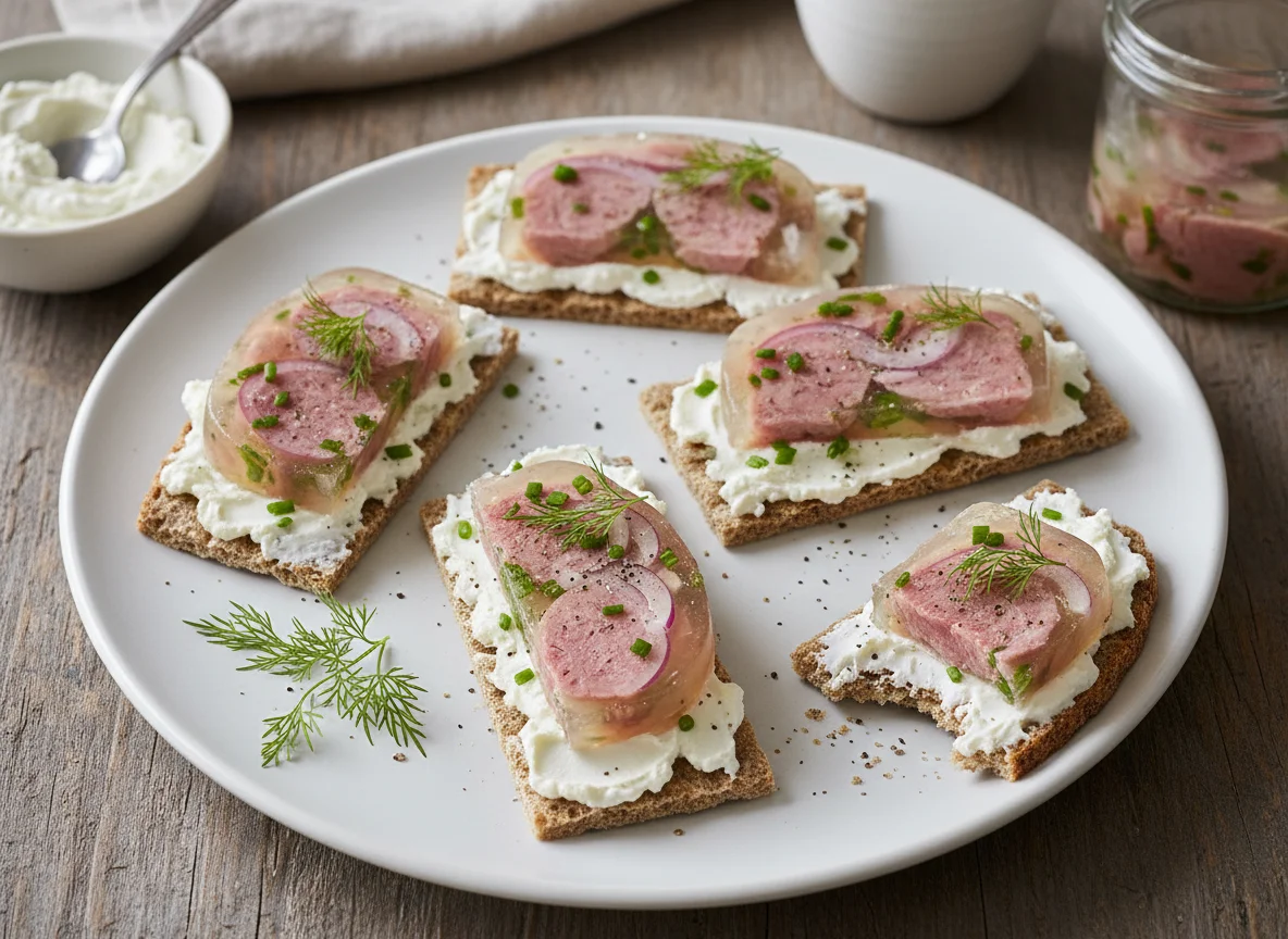 Knäckebrot mit Sülze und Frischkäse photo