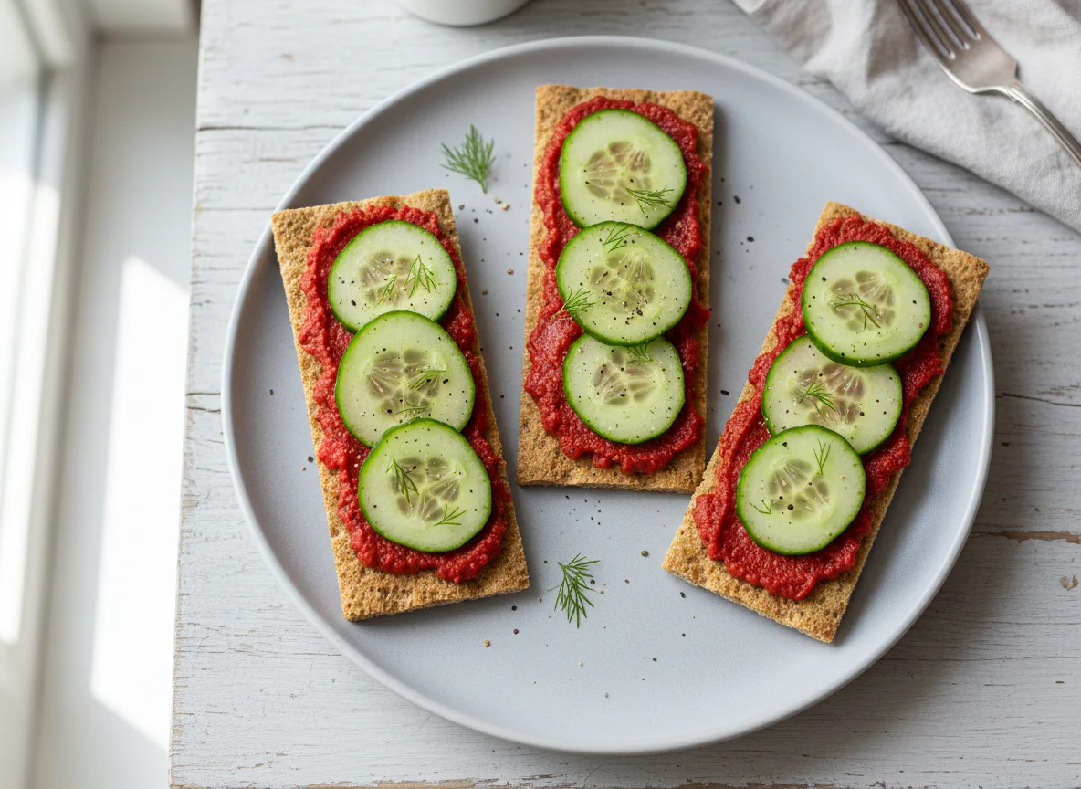 Knäckebrot mit Tomatenmark und Gurke photo