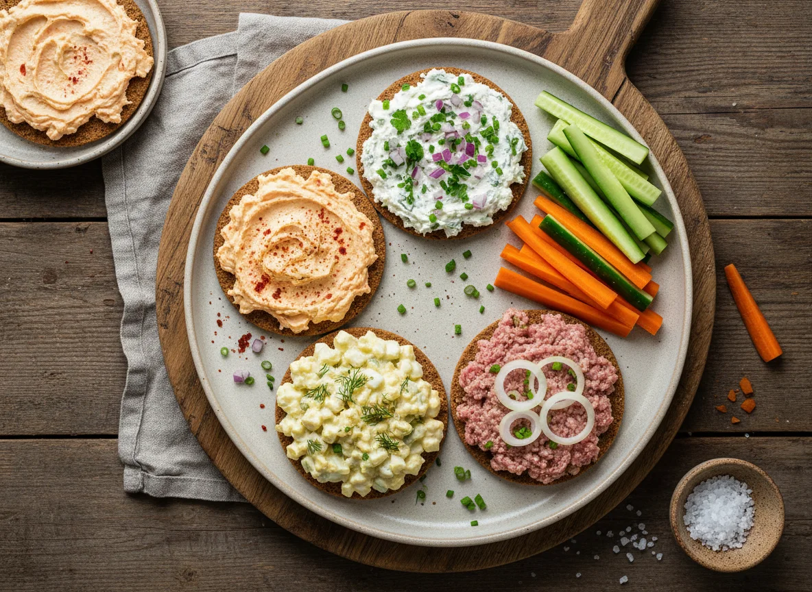 Knäckebrot mit verschiedenen Aufstrichen und Gemüse photo