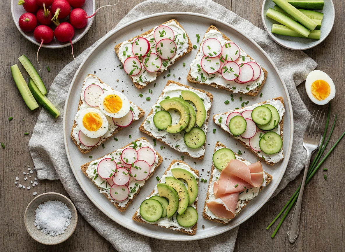 Knäckebrot mit verschiedenen Belägen und Beilagen photo