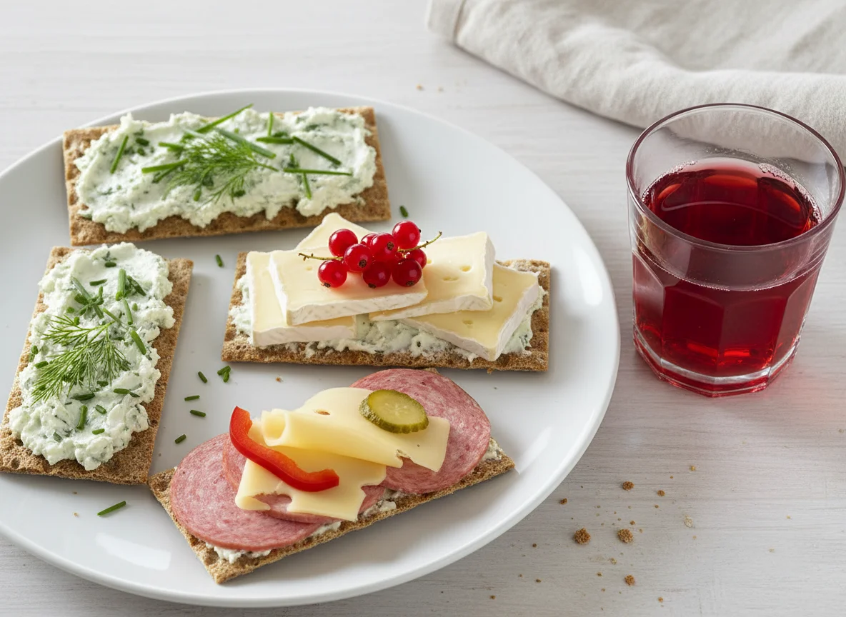 Knäckebrot mit verschiedenen Belägen und Fruchtsaft photo